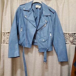 Zara blue leather moto jacket Small S